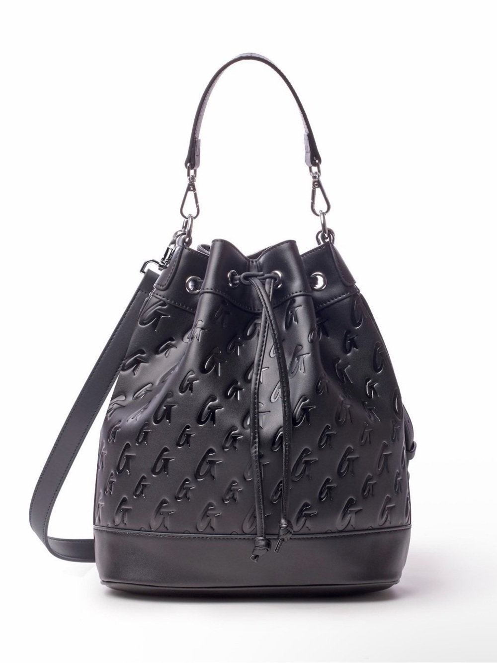 Glamaholic Lifestyle Embossed Black Leather Drawstring Bucket Bag (large)